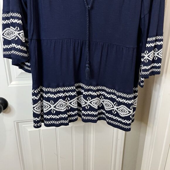 RXB Embroidered Peasant Top Womens Size L Boho Blouse Navy Blue Rayon Knit Soft - Picture 2 of 8